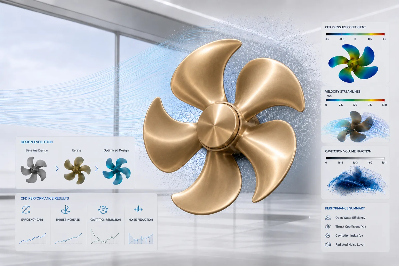 Meridian propeller with CFD pressure, velocity and cavitation analysis from the certified digital model